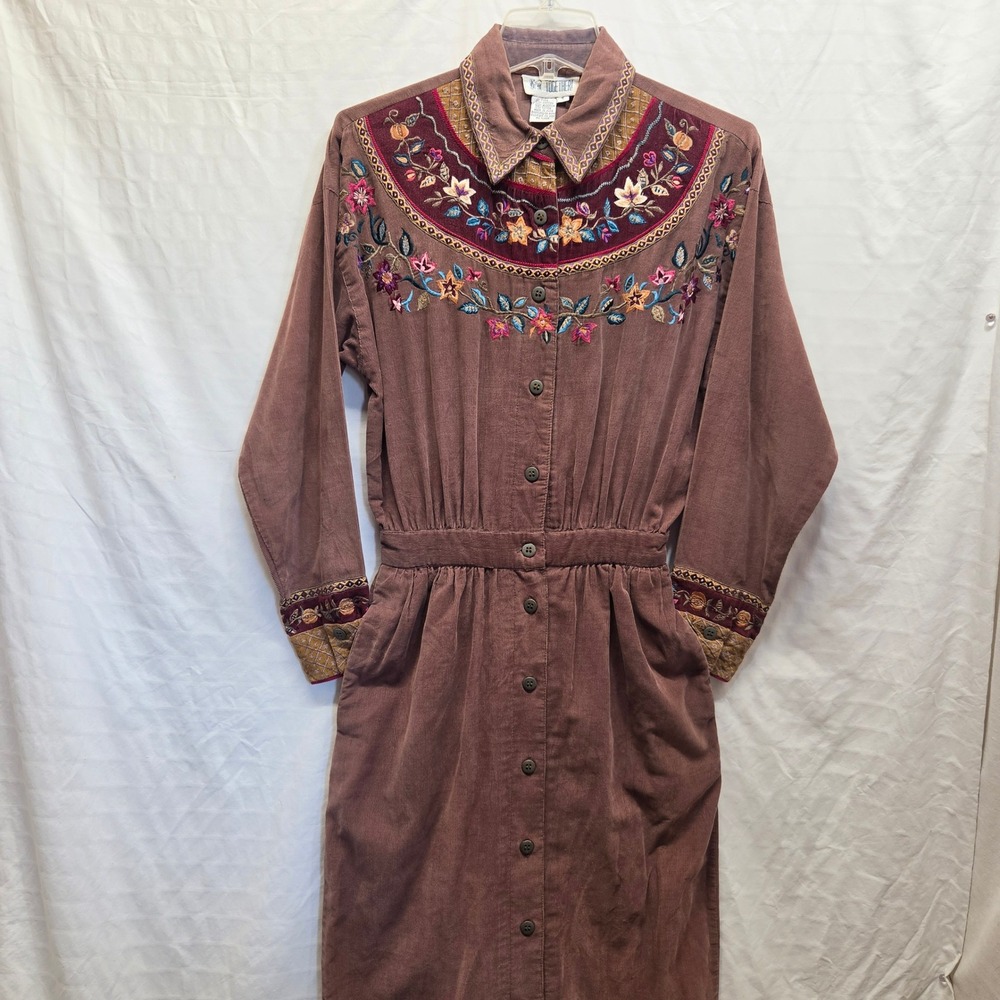 Together! Womens Brown Corduroy Floral Embroidered Button Maxi Dress Size 4